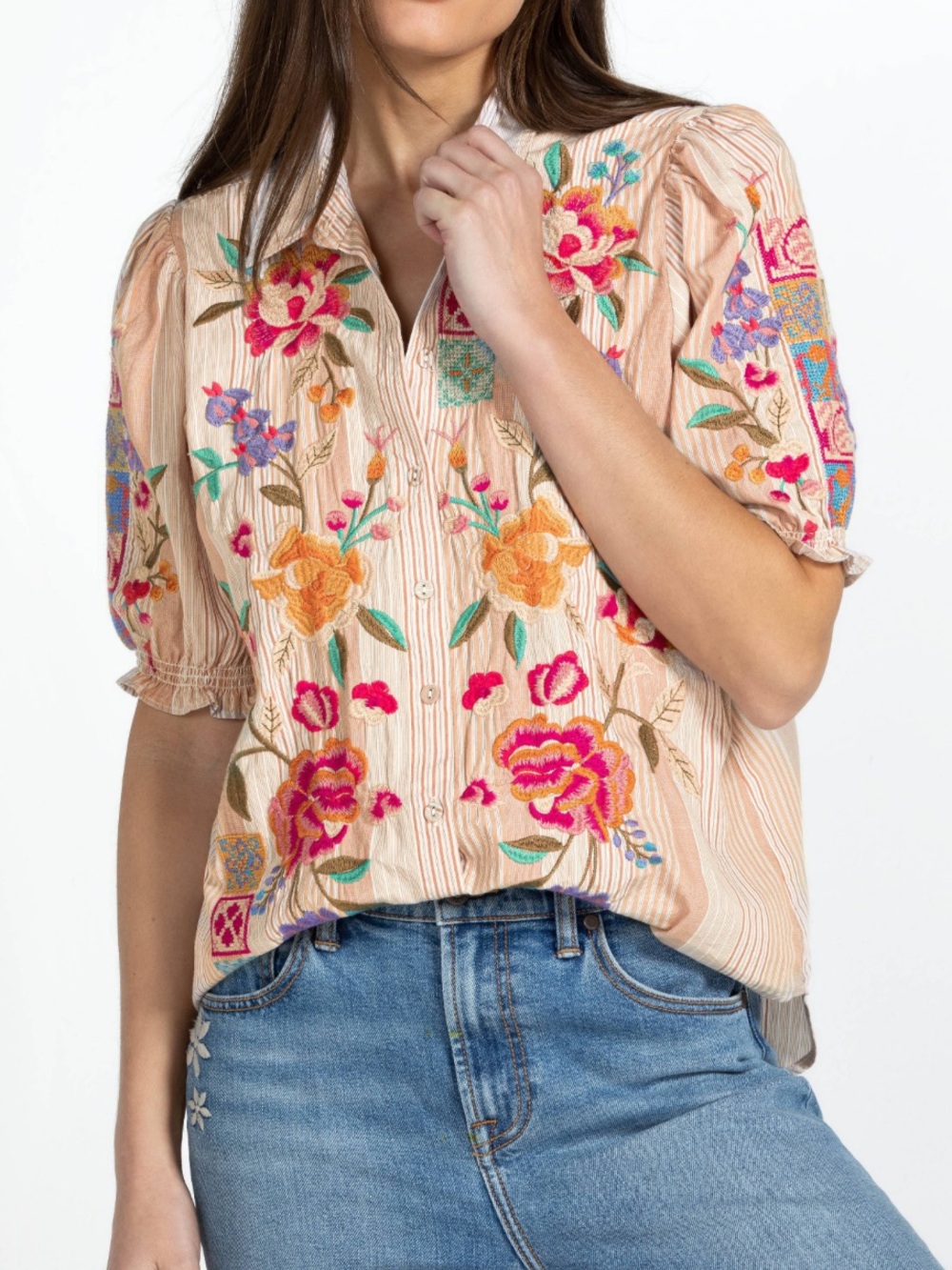 Johnny Was Petunia Smocked Lisbon Shirt - Picture 2 of 11